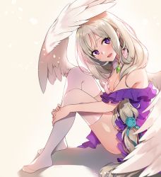 Rule 34 | 10s, 1girl, :d, alternate costume, ayami (annahibi), breasts, cleavage cutout, clothing cutout, detached collar, dress, emilia (re:zero), feathered wings, from side, head tilt, hugging own legs, looking at viewer, medium breasts, no shoes, off-shoulder dress, off shoulder, open mouth, purple dress, purple eyes, re:zero kara hajimeru isekai seikatsu, short dress, silver hair, sitting, slit pupils, smile, solo, thighhighs, thighs, white thighhighs, wings