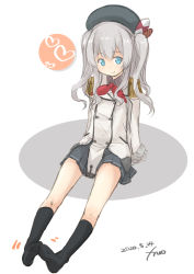 Rule 34 | 1girl, aged down, beret, black hat, black skirt, black socks, blue eyes, buttons, commentary request, dated, epaulettes, flat chest, fyuo, hat, highres, jacket, kantai collection, kashima (kancolle), kneehighs, long sleeves, looking at viewer, military jacket, miniskirt, neckerchief, pleated skirt, red neckerchief, sidelocks, signature, silver hair, simple background, sitting, skirt, socks, solo, twintails, wavy hair, white background, white jacket