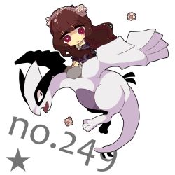 Rule 34 | 1girl, bad id, bad pixiv id, brown hair, creature, creatures (company), flying, game freak, gen 2 pokemon, grin, legendary pokemon, light smile, long hair, looking down, looking up, lugia, ngayope, nintendo, pokedex number, pokemon, pokemon (creature), red eyes, riding, riding pokemon, simple background, sitting, smile, star (symbol), text focus, wavy hair, white background