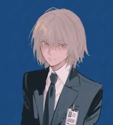 Rule 34 | 1boy, androgynous, blonde hair, blue background, closed mouth, collared shirt, dress shirt, expressionless, eyelashes, formal, hair between eyes, huangdanlan, hunter x hunter, kurapika, looking at viewer, male focus, name tag, necktie, shirt, short hair, simple background, solo, suit, upper body, white shirt, yellow eyes