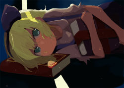 Rule 34 | 1girl, alice margatroid, alice margatroid (pc-98), bad id, bad pixiv id, blonde hair, blue eyes, book, crie, dark, face, female focus, hairband, lying, mystic square, on side, solo, sukima (crie), suspenders, touhou, touhou (pc-98)