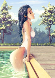 Rule 34 | 1girl, absurdres, arm support, black hair, blue sky, blurry, breasts, caustics, chromatic aberration, day, depth of field, dripping, from side, grass, half-closed eyes, highleg, highleg swimsuit, highres, lips, long hair, one-piece swimsuit, open mouth, original, outdoors, pool, profile, shiny skin, sky, small breasts, solo, swimsuit, tree, wading, water, wet, wet hair, white one-piece swimsuit, wooden floor
