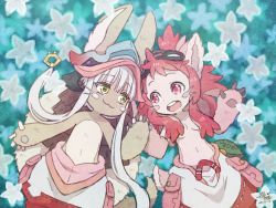Rule 34 | :3, :d, alternate universe, animal ears, breasts, ears through headwear, furry, holding hands, happy, looking at another, lying, made in abyss, mitty (made in abyss), mitty (made in abyss) (furry), nanachi (made in abyss), navel, nightcat, on back, open mouth, red hair, silver hair, small breasts, smile, spoilers, tail, wavy mouth, whiskers, yellow eyes