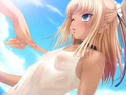 Rule 34 | 1boy, 1girl, aoi nagisa (metalder), blonde hair, breasts, covered erect nipples, dark skin, futaba lili ramses, game cg, hair ornament, hetero, lilith-soft, long hair, moaning, nude, one-piece swimsuit, shiny skin, sky, small breasts, swimsuit, tachibana ichirou, tentacle and witches, twintails