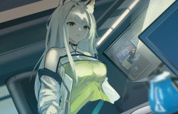 Rule 34 | 1girl, 1other, alternate hair length, alternate hairstyle, ambiguous gender, animal ear fluff, animal ears, arknights, bare shoulders, blurry, blurry foreground, breasts, chinese commentary, coffee pot, collarbone, commentary request, depth of field, doctor (arknights), dress, gloves, green dress, green eyes, highres, indoors, kal&#039;tsit (arknights), long hair, long sleeves, looking at another, looking down, medium breasts, mikuning, open clothes, parted lips, see-through, silver hair, sleeping, sweat, upper body, white gloves
