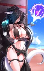 Rule 34 | 1girl, absurdres, bare shoulders, bikini, black bikini, black choker, black hair, blue background, breasts, cellphone, choker, commentary request, cowboy shot, dragon girl, g (genesis1556), hair over one eye, hand up, highres, holding, holding phone, horns, large breasts, long hair, mia (g (genesis1556)), monster girl, navel, original, phone, red eyes, smartphone, solo, standing, stomach, swimsuit, tail, thigh strap, thighs, very long hair