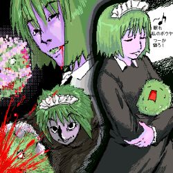 Rule 34 | 1girl, blood, colored skin, green hair, guro, iya maid, japanese text, lowres, maid, maid headdress, marimo, multiple views, musical note, open mouth, original, purple skin, short hair, sweat, text focus, violence