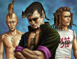 Rule 34 | 3boys, animal, animal ears, animal on head, bald, banchou, beard, brown eyes, cat, cat on head, cross, cross necklace, delinquent, dreadlocks, earrings, facial hair, jacket, jewelry, male focus, manly, matataku, mohawk, multiple boys, muscular, necklace, on head, original, piercing, pompadour, sunglasses, too many, too many cats, what, wig, yellow eyes