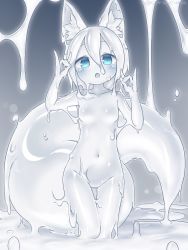 Rule 34 | animal ears, blue eyes, breasts, curss, fox ears, fox girl, fox tail, highres, monster girl, navel, no nipples, pale skin, slime girl, small breasts, tail