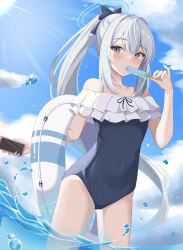 Rule 34 | 1girl, blue archive, blue bow, blue one-piece swimsuit, blue sky, blush, bow, cellphone, cloud, covered navel, dutch angle, feet out of frame, food, frilled one-piece swimsuit, frills, hair bow, halo, highres, holding, holding phone, long hair, looking at viewer, miyako (blue archive), miyako (swimsuit) (blue archive), mokkon doru, one-piece swimsuit, outdoors, phone, ponytail, popsicle, purple eyes, sky, smartphone, solo, swimsuit, wading, white hair