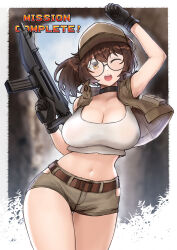 Rule 34 | 1girl, ;d, baseball cap, belt, black choker, black gloves, breasts, brown belt, brown eyes, brown hair, brown hat, brown shorts, brown vest, choker, contrapposto, crop top, cropped vest, english text, fio germi, glasses, gloves, gun, hat, highres, holding, holding gun, holding weapon, large breasts, metal slug, midriff, navel, one eye closed, open mouth, persocon93, ponytail, short shorts, shorts, smile, solo, stomach, submachine gun, tank top, thighs, vest, weapon, white tank top