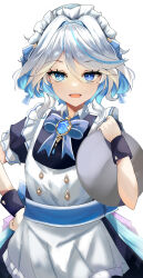 Rule 34 | 1girl, :d, absurdres, alternate costume, apron, bimmy, blue bow, blue bowtie, blue eyes, blue hair, blush, bow, bowtie, bright pupils, commentary, english commentary, enmaided, furina (genshin impact), genshin impact, hand on own hip, heterochromia, highres, holding, long hair, looking at viewer, maid, maid apron, maid headdress, multicolored hair, open mouth, short sleeves, simple background, smile, solo, two-tone hair, white apron, white background, white pupils