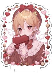 Rule 34 | 1boy, blush, box, brown shirt, candy, chocolate, chocolate heart, cookie, drawn wings, earrings, ensemble stars!, food, gift, gift box, grey background, heart, holding, holding gift, jewelry, long sleeves, looking at viewer, male focus, moka (210727), nito nazuna, open mouth, shirt, simple background, solo