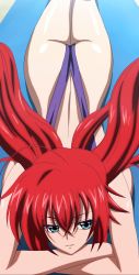 Rule 34 | 10s, 1girl, absurdres, ass, back, backboob, blue eyes, breast press, breasts, breasts apart, high school dxd, highres, long hair, lying, red hair, rias gremory, screencap, slingshot swimsuit, solo, stitched, swimsuit, third-party edit
