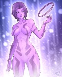Rule 34 | 1girl, absurdres, artist name, breasts, colored skin, commentary, cortana, english commentary, glitch, halo (series), halo infinite, highres, hologram, kluverdesigns, lens flare, looking at viewer, looking to the side, medium breasts, open hands, parted bangs, parted lips, purple skin, short hair, solo