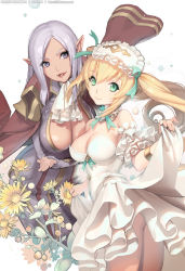 Rule 34 | 2girls, age difference, artist name, ascot, ass, bare shoulders, blonde hair, blue eyes, blush, bracelet, breast hold, breasts, cleavage, cowboy shot, crossed arms, detached collar, detached sleeves, dress, female focus, fingerless gloves, floating hair, flower, frilled dress, frills, gloves, green eyes, grey eyes, hair ribbon, hairband, head tilt, jacket, jacket on shoulders, jewelry, kkuem, large breasts, leaning forward, light smile, lipstick, lolita hairband, long hair, looking at viewer, looking back, makeup, mature female, multiple girls, parted lips, pointy ears, purple eyes, purple hair, ribbon, silver hair, skirt hold, smile, standing, twintails, very long hair, watermark, web address
