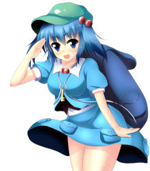 Rule 34 | 1girl, backpack, bag, blue eyes, blue hair, blush, braid, breasts, clothes lift, collarbone, dress shirt, female focus, hair bobbles, hair ornament, hand up, hat, kawashiro nitori, key, large breasts, looking at viewer, matching hair/eyes, nitoridio, open mouth, pocket, puffy short sleeves, puffy sleeves, salute, shirt, short hair, short sleeves, simple background, skirt, skirt lift, skirt set, smile, solo, touhou, twin braids, twintails, two side up, white background, white shirt