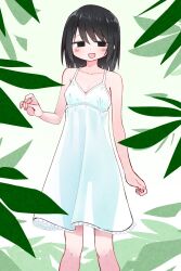 Rule 34 | 1girl, black eyes, black hair, breasts, cleavage, commentary request, dress, highres, leaf, medium dress, open mouth, original, see-through, see-through dress, small breasts, smile, solo, tawasiupa, white dress