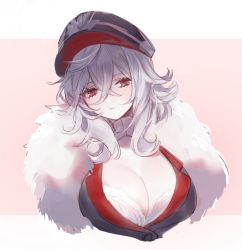 Rule 34 | 0304 (pixiv), 1girl, azur lane, blush, breasts, cleavage, commentary request, fur trim, graf zeppelin (azur lane), hair between eyes, hat, large breasts, long hair, looking at viewer, peaked cap, red eyes, silver hair, solo, uniform, upper body, very long hair