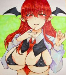 Rule 34 | 1girl, areola slip, bat wings, between breasts, bikini, black bikini, black vest, blush, breasts, clothes between breasts, collared shirt, commentary request, covered erect nipples, cropped shirt, cropped vest, fang, fingernails, hands up, head wings, highres, koakuma, large breasts, lips, long fingernails, long hair, long sleeves, looking at viewer, mole, mole under mouth, narrowed eyes, necktie, parted lips, pinky out, pointy ears, red eyes, red hair, red necktie, shirt, sidelocks, skindentation, smile, solo, straight hair, swimsuit, teeth, touhou, traditional media, upper body, vest, washiwa, white shirt, wings