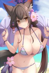 Rule 34 | 1girl, akahi242, animal ear fluff, animal ears, asymmetrical hair, beach, bikini, blue archive, blush, bracelet, breasts, brown eyes, brown hair, cherry blossoms, cleavage, collarbone, day, flower, fox ears, fox tail, glowing, glowing eyes, hair flower, hair ornament, halo, highres, jewelry, large breasts, leaning forward, long hair, looking at viewer, multicolored eyes, nail polish, navel, outdoors, parted lips, pink flower, purple bikini, purple nails, red eyes, shaded face, sidelocks, solo, stomach, swimsuit, tail, wakamo (blue archive), wakamo (swimsuit) (blue archive)