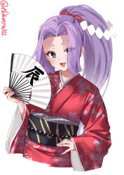 Rule 34 | 1girl, alternate costume, blush, breasts, ebifurya, flat chest, folded fan, folding fan, forehead, hair ribbon, hand fan, hand up, hatsuharu (kancolle), high ponytail, highres, holding, holding fan, japanese clothes, kantai collection, kimono, long hair, long sleeves, looking at viewer, obi, one-hour drawing challenge, open mouth, ponytail, purple eyes, purple hair, red kimono, ribbon, sash, short eyebrows, sidelocks, simple background, small breasts, smile, solo, thick eyebrows, twitter username, upper body, very long hair, white background, wide sleeves