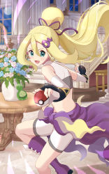 Rule 34 | 1girl, :d, alternate color, bare shoulders, blonde hair, blush, boots, budew, commentary request, creatures (company), elbow gloves, floating hair, flower, game freak, gen 4 pokemon, gloves, green eyes, hair between eyes, hair ribbon, haru (haruxxe), highres, holding, holding poke ball, indoors, korrina (pokemon), korrina (sygna suit) (pokemon), long hair, nintendo, official alternate costume, open mouth, poke ball, poke ball (basic), pokemon, pokemon masters ex, purple footwear, purple ribbon, ribbon, shorts, smile, solo, sports bra, stairs, table, tongue, two-tone sports bra, white shorts, window