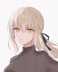 Rule 34 | 1girl, alternate costume, artoria pendragon (fate), black ribbon, blonde hair, brown sweater, expressionless, fate/stay night, fate (series), hair between eyes, hair ribbon, looking at viewer, meltymaple, ponytail, ribbon, saber alter, solo, sweater, turtleneck, upper body, white background, yellow eyes