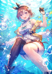 Rule 34 | 1girl, absurdres, air bubble, anbe yoshirou, asymmetrical legwear, atelier (series), atelier ryza, atelier ryza 2, bare shoulders, belt, beret, black footwear, black gloves, black thighhighs, boots, bracelet, braid, breasts, brown eyes, brown hair, bubble, cleavage, commentary request, coral, fish, gloves, hair ornament, half gloves, hat, highres, in water, jewelry, key, key necklace, large breasts, long sleeves, navel, neck ribbon, necklace, ocean, open mouth, reisalin stout, ribbon, shirt, short hair with long locks, short shorts, shorts, single thighhigh, sleeveless, sleeveless shirt, smile, solo, teeth, thigh strap, thighhighs, thighs, underwater, underwear, uneven legwear, white hat, white shirt