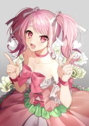 Rule 34 | 1girl, :d, bang dream!, bare shoulders, bow, breasts, choker, collarbone, commentary request, dress, flower, gambe, grey background, hair ribbon, hands up, heart, index finger raised, long hair, looking at viewer, maruyama aya, open mouth, pink hair, red bow, red choker, red dress, red eyes, ribbon, sidelocks, small breasts, smile, solo, strapless, strapless dress, twintails, white flower, white ribbon