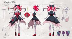 Rule 34 | 1girl, asymmetrical footwear, bandaged arm, bandaged leg, bandages, black bow, black dress, black nails, bow, breasts, character name, character sheet, double bun, dress, hair bow, hair bun, heterochromia, highres, hololive, hololive indonesia, kureiji ollie, kureiji ollie (1st costume), lam (ramdayo), multicolored hair, official art, red ribbon, ribbon, second-party source, short hair, small breasts, stitched torso, stitches, sword, torn clothes, torn dress, udin (kureiji ollie), virtual youtuber, weapon, zombie