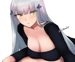 Rule 34 | 1boy, 1girl, blue sweater, blunt bangs, blush, breasts, casual, cleavage, facial mark, girl on top, girls&#039; frontline, green eyes, hair ornament, highres, hk416 (girls&#039; frontline), kojima (blue stardust), large breasts, long hair, long sleeves, looking at viewer, open mouth, pov, ribbed sweater, sidelocks, signature, silver hair, simple background, sweater, teardrop, white background