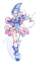 Rule 34 | 1girl, bare legs, bare shoulders, blue footwear, breasts, capelet, casting spell, cleavage, dark magician girl, full body, green eyes, hair between eyes, hair over one eye, hat, highres, huanxiang huifeng, large breasts, looking at viewer, open mouth, outstretched arm, sidelocks, sketch, skirt, solo, standing, thigh gap, thighs, wizard hat, yu-gi-oh!