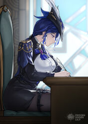 Rule 34 | 1girl, artist logo, ascot, black bow, black corset, black hat, black pantyhose, black skirt, blue ascot, blue cape, blue hair, blue hat, bow, breasts, button gap, cape, clorinde (genshin impact), closed mouth, commentary, corset, dark blue hair, desk, earrings, english commentary, epaulettes, fold-over gloves, framed breasts, from side, frozen spider lily, genshin impact, hair bow, hat, hat feather, high-waist skirt, highres, holding, holding quill, indoors, jewelry, large breasts, long hair, long sleeves, low ponytail, on chair, pantyhose, pencil skirt, profile, purple eyes, quill, shirt, sitting, skirt, solo, taut clothes, taut shirt, thigh strap, tricorne, two-tone headwear, white shirt, writing