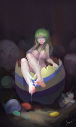 Rule 34 | 1girl, absurdres, barefoot, blue eyes, breasts, egg, feet, full body, gaoerji, green hair, hatching, highres, jitome, large breasts, long hair, looking at viewer, nipples, nude, original, parted lips, reclining, signature, slime (substance), smile, solo, toes
