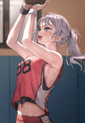 Rule 34 | 1girl, armpits, ball, basketball, basketball (object), basketball jersey, basketball uniform, blurry, blurry background, blush, bouncing breasts, breasts, commentary request, green eyes, grey hair, holding, holding ball, huwari (dnwls3010), indoors, large breasts, long hair, medium breasts, midriff peek, navel, open mouth, original, ponytail, sideboob, solo, sportswear, standing, sweat, sweatband, teeth, upper teeth only