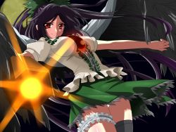 Rule 34 | 1girl, 1zz7-wed, anime coloring, arm cannon, bad id, bad pixiv id, black hair, bow, brown eyes, colorized, feathered wings, female focus, hair bow, highres, long hair, looking at viewer, monety, panties, pantyshot, puffy short sleeves, puffy sleeves, red eyes, reiuji utsuho, short sleeves, skirt, solo, thigh strap, touhou, underwear, upskirt, weapon, wings
