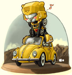 Rule 34 | 1980s (style), autobot, bad id, bad pixiv id, blush, bumblebee, car, chibi, mecha, motor vehicle, musical note, no humans, non-humanoid robot, oldschool, retro artstyle, riding, robot, science fiction, solo, toriny, transformers, transformers: generation 1, vehicle, vehicle focus, volkswagen, volkswagen beetle