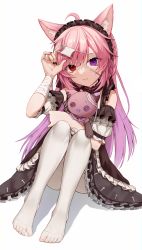 Rule 34 | 1girl, :3, absurdres, ahoge, animal ear fluff, animal ears, bandaged wrist, bandages, black nails, cat ears, commentary, detached sleeves, eyepatch, eyepatch pull, eyes visible through hair, full body, gradient hair, heterochromia, highres, indie virtual youtuber, long hair, looking at viewer, matmaj, medical eyepatch, mikeneko (vtuber), mikeneko (vtuber) (1st costume), multicolored hair, nail polish, no shoes, pantyhose, pink hair, purple eyes, purple hair, red eyes, see-through, see-through legwear, simple background, slit pupils, smile, solo, stuffed toy, toes, virtual youtuber, white background, white pantyhose