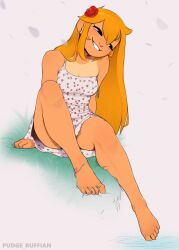 Rule 34 | 1girl, absurdres, anklet, arm support, bad id, bad twitter id, barefoot, black eyes, blonde hair, breasts, dress, earrings, feet, floral print, flower, full body, grass, grin, hair between eyes, hair flower, hair ornament, head tilt, highres, jewelry, light blush, long hair, looking to the side, off shoulder, on grass, on ground, original, pudgeruffian, revision, sidelocks, signature, simple background, sitting, small breasts, smile, solo, strap slip, sundress, tan, tanline, teeth, thai (boondraws), thick eyebrows, thighs, toes, white dress