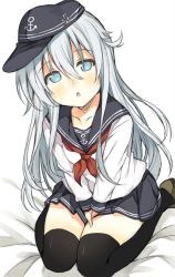 Rule 34 | 10s, 1girl, :o, anchor symbol, bad id, bad twitter id, bed sheet, between legs, black thighhighs, blue eyes, collarbone, flat cap, hand between legs, hat, hibiki (kancolle), kantai collection, long hair, long sleeves, looking at viewer, neckerchief, no pupils, open mouth, own hands together, pleated skirt, school uniform, seiza, serafuku, shimeji (4 me ji), silver hair, simple background, sitting, skirt, solo, thighhighs, v arms, white background