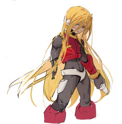 Rule 34 | 1boy, amputee, armor, black bodysuit, black eyes, blonde hair, bodysuit, boots, crop top, crotch plate, feet out of frame, highres, holding, long hair, mayutsuba mono, mechanical parts, mega man (series), mega man zero (series), no headwear, red armor, red footwear, robot ears, simple background, solo, white background, z saber, zero(z) (mega man), zero (mega man)
