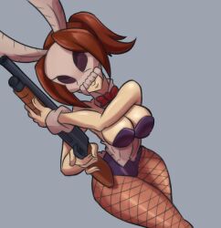 Rule 34 | 1girl, bonnie (skullgirls), bow, bowtie, breasts, brown hair, cleavage, detached collar, dutch angle, feather hair ornament, fishnet pantyhose, fishnets, grey background, gun, hair ornament, large breasts, leotard, mask, pantyhose, playboy bunny, ponytail, shotgun, skull mask, skullgirls, smile, solo, thabackbone1, weapon