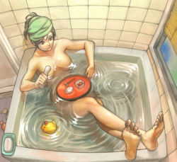 Rule 34 | 1girl, alcohol, bad id, bad pixiv id, barefoot, bath, breasts, brown hair, censored, convenient censoring, crossed legs, esukee, feet, food, from above, kaito (vocaloid), legs, lying, meiko (vocaloid), nude, plate, ripples, rubber duck, sake, soap, soles, solo, sushi, towel, towel on head, vocaloid, wet, window blinds