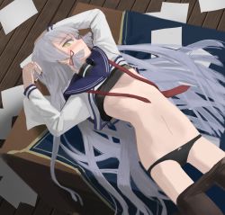 Rule 34 | 1girl, black panties, black pantyhose, blue hair, breasts, clothes lift, clothes pull, desk, dress, dress lift, epitaph (1122), highres, kantai collection, long hair, lying, murakumo (kancolle), navel, on back, panties, pantyhose, pantyhose pull, sidelocks, solo, underboob, underwear, very long hair, wooden floor, yellow eyes
