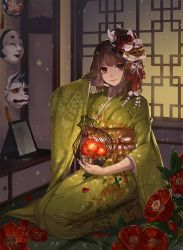 Rule 34 | 1girl, brown hair, cage, camellia, closed mouth, flower, full body, furisode, hand in own hair, head tilt, holding, japanese clothes, kimono, light smile, looking at viewer, mask, mask on head, noh mask, obi, oni mask, original, petals, photo (object), picture frame, red eyes, rwael, sash, seiza, sitting, solo, tatami, wide sleeves
