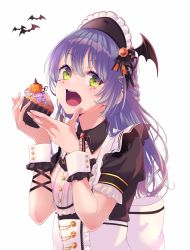Rule 34 | 1girl, absurdres, asahi rokka, bang dream!, bat (animal), bat hair ornament, blue hair, bow, cosplay, crumbs, cupcake, eating, food, food on face, gem, green eyes, hair ornament, halloween, highres, holding, holding food, jack-o&#039;-lantern, large bow, long hair, looking at viewer, open mouth, persimmon2, simple background, solo, upper body, waitress, white background, wiping mouth, wrist cuffs