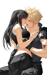 Rule 34 | 1boy, 1girl, arm ribbon, armor, bare shoulders, black gloves, black hair, blonde hair, blush, breasts, clothes lift, cloud strife, couple, crop top, duoj ji, earrings, final fantasy, final fantasy vii, final fantasy vii advent children, finger to another&#039;s mouth, french kiss, gloves, hand on another&#039;s ass, hetero, high collar, highres, jewelry, kiss, large breasts, long hair, ribbon, ring, shirt lift, shoulder armor, simple background, sleeveless, spiked hair, square enix, tifa lockhart, tongue, tongue out