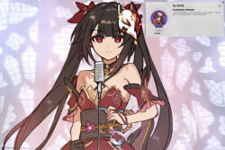 Rule 34 | 1girl, bare shoulders, bell, black choker, black hair, brown sash, chest tattoo, choker, criss-cross halter, detached sleeves, flower tattoo, fox mask, game screenshot inset, halterneck, honkai: star rail, honkai (series), japanese clothes, jingle bell, kimono, long hair, looking at viewer, mask, mask on head, microphone, neck bell, never gonna give you up, obi, red eyes, red kimono, red sleeves, rizu033, sash, sleeveless, sleeveless kimono, smile, solo, sparkle (honkai: star rail), tattoo, twintails, upper body