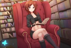Rule 34 | 1girl, armchair, black footwear, black gloves, black jacket, blush, book, bookshelf, boots, borrowed character, breasts, brown eyes, brown hair, chair, cleavage, collarbone, crossed legs, dutch angle, eyebrows, fingerless gloves, gloves, groin, hair bobbles, hair ornament, hair over shoulder, holding, holding book, indoors, jacket, kazenokaze, knee boots, library, looking at viewer, medium breasts, midriff, navel, open book, open clothes, open jacket, original, short hair, short sleeves, shorts, sitting, smile, solo